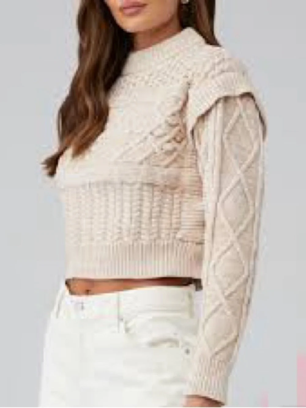 MINKPINK Cream Cable-Knit Cropped Turtleneck Sweater - Picture 1 of 5